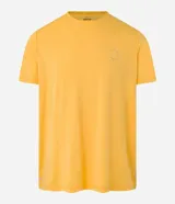 Remera deportiva amarilla de poliéster, liocel y elastano, con cuello redondo, manga corta y estampa lettering.