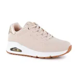 Championes Skechers Street Uno - Shimmer Away color beige con detalles dorados. Capellada de durabuck sintético, cordones elásticos, plantilla Skechers Air-Cooled Memory Foam y media suela visible Skech-Air con cámara de aire.