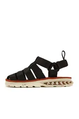 Sandalias negras con tiras anchas de ajuste con velcro, base marrón y suela blanca con diseño geométrico.