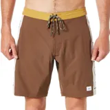 Short de baño marrón con cintura amarilla, cordón de ajuste y detalles estampados en blanco a los costados.