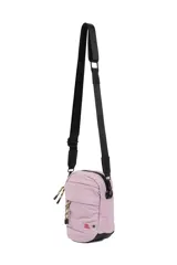 Bandolera porta celular negra de poliéster con múltiples cierres y correa ajustable.