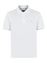 Chomba azul marino de piqué de algodón pima peruano, con cuello clásico, tapeta de dos botones blancos, mangas cortas con ribete rosa y logo de la marca bordado en el pecho.