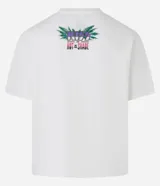 Remera color hueso de corte boxy con estampado del logo de la banda Kiss y un diseño de un faraón con gafas de sol.