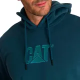 Buzo canguro verde oliva con capucha ajustable y cordones, bolsillo frontal y logo CAT estampado en blanco en el pecho.