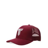 Gorra de béisbol bordó con paneles traseros de malla y logo bordado en blanco en el frente.