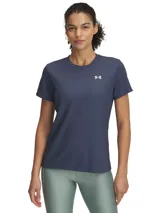 Remera deportiva Under Armour Tech Rib SSC para mujer, color azul con textura acanalada y logo blanco en el pecho.
