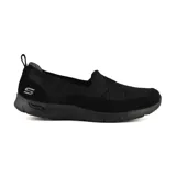 Zapato deportivo Skechers Arch Fit Refine, color negro, sin cordones, con capellada de malla y cuero, tira elástica cruzada en el empeine y plantilla extraíble Arch Fit con soporte para el arco plantar.