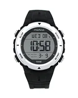 Reloj digital Mistral deportivo con correa de silicona negra y bisel plateado.