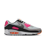 Championes Nike Air Max 90, color gris con detalles en negro, rosa y naranja.