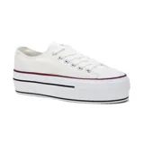 Zapatillas acordonadas blancas de tela con plataforma y detalles en burdeos y negro.
