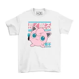 Remera blanca con estampado de Jigglypuff, personaje de Pokémon, con texto en japonés.
