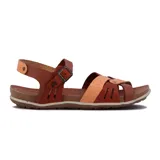 Sandalia de mujer color marrón, con tiras cruzadas en la parte delantera, una de ellas en color beige con textura. Posee tira de ajuste en el tobillo con hebilla y suela de goma.
