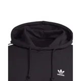 Canguro Adidas negro con capucha y cordones ajustables, bolsillo tipo canguro y logo bordado en el pecho. Presenta las tres rayas blancas características de la marca en las mangas.