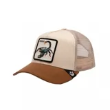 Gorro Goorin Bros tipo trucker, con visera curva color marrón, frente color crema con parche bordado de un escorpión con la palabra "Deadly" y paneles traseros de malla color beige.