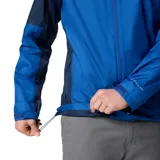 Campera impermeable Columbia Inner Limits III para hombre, color azul con detalles en azul marino. Confeccionada en poliéster 100% reciclado con tecnología Omni-Tech™ y costuras selladas. Cuenta con capucha ajustable, bolsillos con cremallera, puños ajustables y dobladillo con cordón.