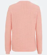 Sweater de punto color amarillo mostaza, con textura ondulada horizontal, cuello redondo y mangas largas.