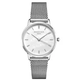 Reloj Rosefield modelo RMSMS-R08 de la colección "The Pearl Edit". Caja redonda de acero plateado con esfera de nácar blanco y malla de acero inoxidable plateada.