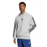 Canguro Adidas Essentials 3 Tiras color gris con capucha, bolsillo tipo canguro y logo bordado en el pecho. Presenta las tres tiras características de la marca en color negro a lo largo de las mangas.