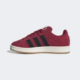 Championes Adidas Campus 00s color borgoña con las tres tiras laterales en negro y suela blanca con base color caramelo.