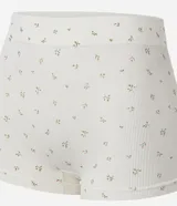 Bombacha boyshort color crema con estampado floral, de superficie texturizada y sin costuras.