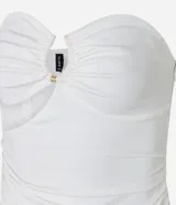 Vestido midi blanco sin breteles, confeccionado en bengalina. Presenta adornos en el busto y recorte cutout en la cintura.