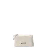 Billetera tarjetero color beige con cierre superior y bolsillo frontal con cierre.