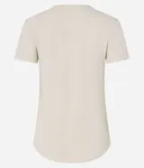 Remera deportiva color beige con mangas cortas y estampa "GYM" en el frente.