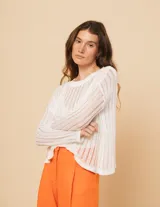 Sweater de algodón blanco con escote redondo y manga larga, con detalle de calado en punto desagujado.