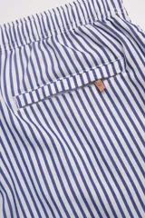 Short de baño a rayas verticales azules y blancas, con cintura elástica ajustable con cordón y logo bordado en la pierna.