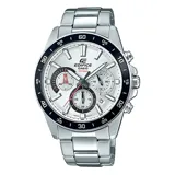 Reloj Casio Edifice plateado con bisel negro, esfera blanca con detalles en rojo y agujas luminiscentes.