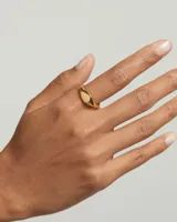 Anillo dorado con superficie plana en forma de pera.