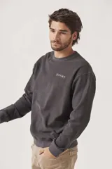Buzo gris oscuro de algodón con cuello redondo y logo bordado en el pecho.