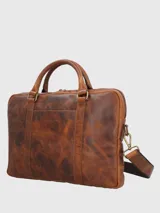 Maletín de cuero color marrón, con compartimento principal con cierre, bolsillo acolchado interior para laptop, bolsillo interior con cierre, bolsillo frontal de fácil acceso, correas ajustables y removibles, y forro interior 100% poliéster reciclado.