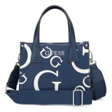 Cartera Guess Forber mediana, color azul con estampado de letras G en blanco, doble asa corta, correa larga extraíble y logo triangular de Guess.