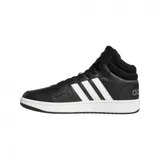 Championes Adidas Hoops 3.0 de caña alta, color negro con detalles en blanco, con las tres tiras características de la marca en los laterales y suela blanca.
