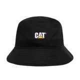 Gorro tipo bucket negro con logo CAT bordado en blanco y amarillo en el frente.