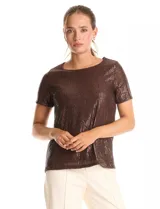 Blusa de lentejuelas color verde oscuro, marca Ninety, con escote a la base, manga corta y forro interno a tono.