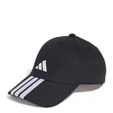Gorro Adidas negro con logo de la marca bordado en blanco en el lateral y las tres tiras características en la visera.