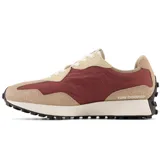 Championes New Balance modelo 327, color beige con detalles en bordó y logo "N" blanco.