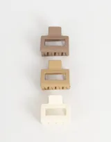 Set de tres broches para el pelo con forma cuadrada en colores beige, marrón claro y blanco hueso.