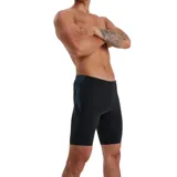 Calza de natación Speedo negra con paneles laterales estampados en celeste y gris.
