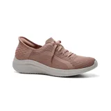 Championes deportivos Skechers Slip-ins Ultra Flex 3.0, color rosa, con tecnología Hands Free Slip-Ins y Heel Pillow para un ajuste cómodo y seguro. Capellada de knit técnico Stretch Fit con cordones decorativos y plantilla con amortiguación Skechers Air-Cooled Memory Foam.