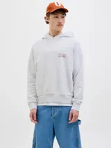 Canguro gris melange con capucha, mangas largas y estampado en la espalda con la inscripción "Studio Originals Edition" en color marrón.