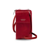 Bandolera roja para celular con bolsillo frontal, correa regulable y desmontable. Interior con bolsillos para documentos, reparticiones para tarjetas y división para billetes.