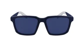 Lentes de sol Lacoste con montura cuadrada azul marino y patillas blancas.