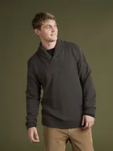 Sweater verde seco de tejido de punto con cuello alto y cierre frontal con cremallera.