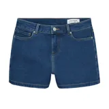 Short de denim azul oscuro, tiro alto, con lavado gastado y calce slim.