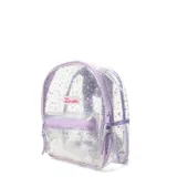 Mochila transparente con detalles en lila y estampado de estrellas.