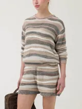 Sweater de punto con cuello redondo y mangas largas. Presenta un diseño de ondas horizontales en tonos beige, marrón y gris.