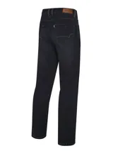 Pantalón de jean azul oscuro, corte recto, con bolsillos delanteros y traseros.